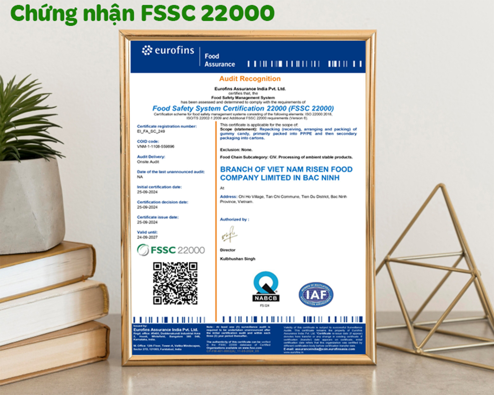 Risen Food Việt Nam – Đảm bảo An toàn và Chất lượng với các Chứng nhận Quốc tế uy tín